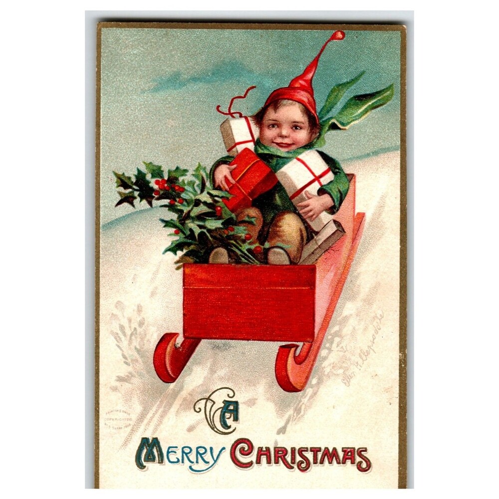 Ellen Clapsaddle 1907 Christmas Sled Child Elf Holly Gifts Postcard Divided Back